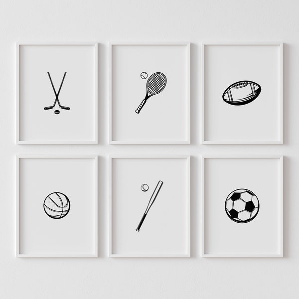 Sports Printable Wall Art, Black Minimalist Wall Decor, Set of 6 Nursery prints, Kids Boys room art, basketball, hockey, baseball art Prints