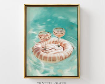 Pink Pool Float Wall Art: Pink Blue Coastal Decor | Poolside Cocktail Print (Digital Download)