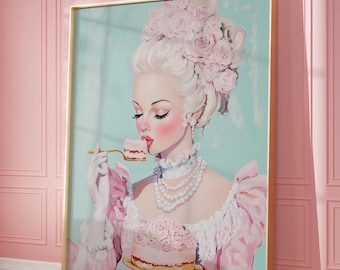 Marie Antoinette with Cake Printable Wall Art, Pink Room Wall Decor, Rococo Baroque Maximalist Print, Trendy Dopamine Digital Download