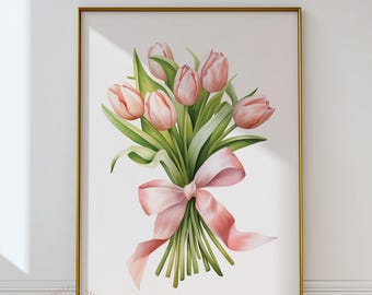 Impressão artística de buquê de tulipas rosa: pôster floral de primavera (download digital)