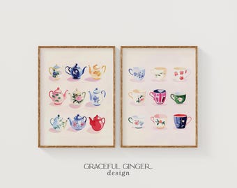 Tea Cups and Teapots Print Set: Chinoiserie Kitchen Wall Art (Digital Download)