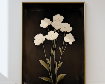 Art mural floral foncé | Impression de nature morte de fleurs blanches de mauvaise humeur (téléchargement numérique)