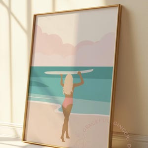 Surfer Girl Printable Wall Art, Pastel Beach Decor, Cute Summer Wall Art, Pink and Blue Coastal  Decor, Ocean Surf Print, Digital Download