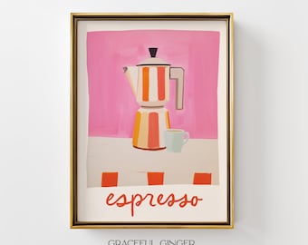 Grafika z kawiarką espresso: Włoska dekoracja ścienna do kuchni | Różowa dekoracja wózka kawowego (pobranie cyfrowe)