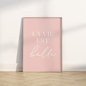 Póster con cita francesa de moda en color rosa, La vie est belle, arte de pared imprimible con cita en color rosa, decoración de sala de estar, impresión de decoración del hogar, DESCARGA INSTANTÁNEA