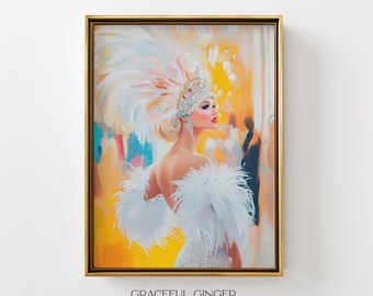 Showgirl Art Print: Vintage Glamorous Burlesque Woman, Vibrant Vegas Casino Decor (Digital Download)
