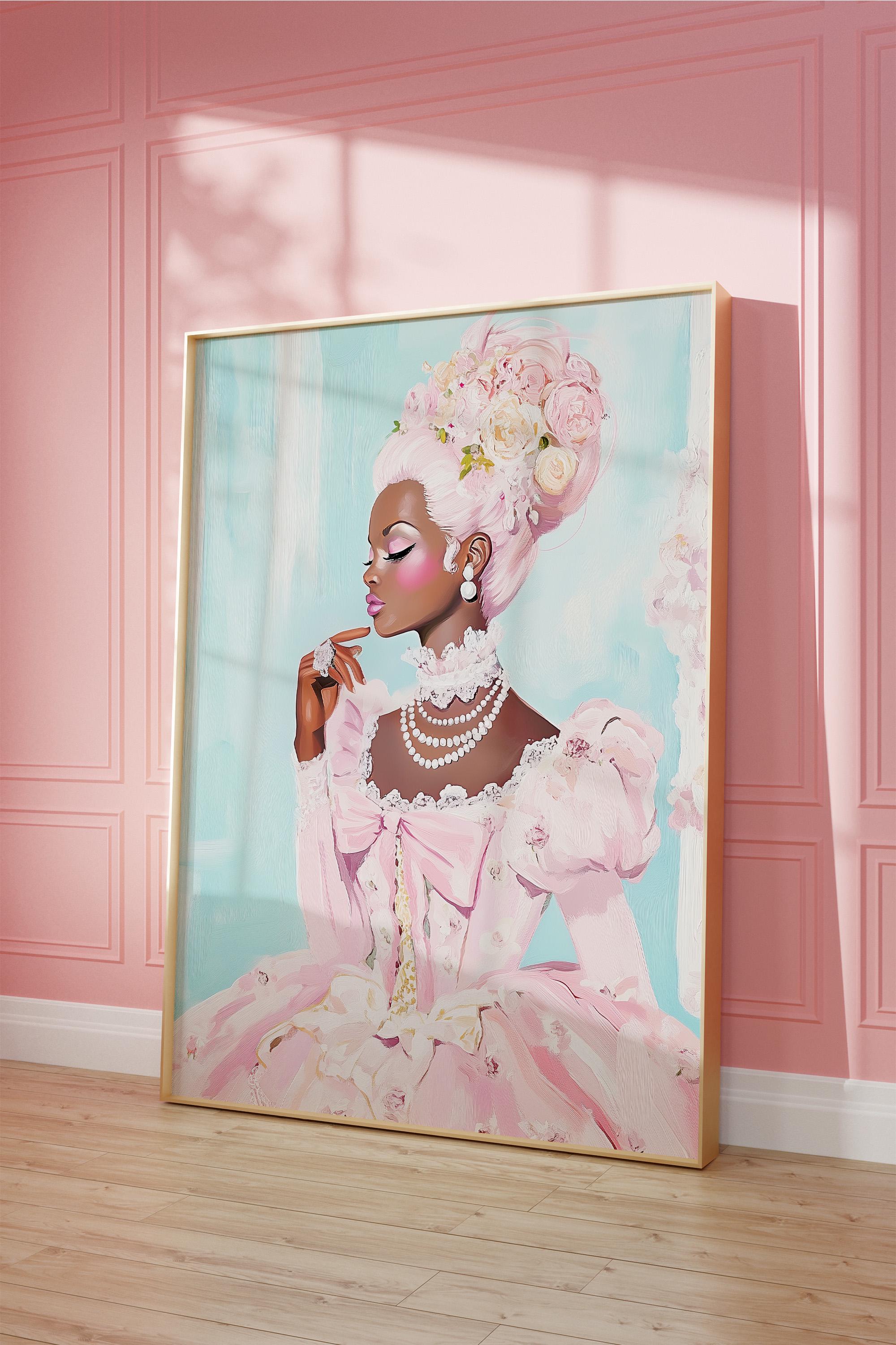 Black Woman Marie Antoinette Printable Wall Art, Pink Room Wall Decor, Rococo Baroque Maximalist Print, Trendy Dopamine Digital Download