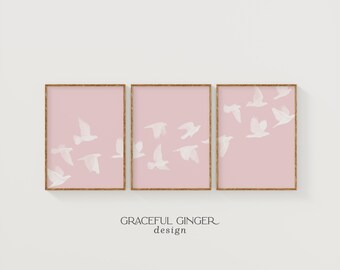 Conjunto de impresiones de bandada de pájaros: Arte mural minimalista rosa claro (descarga digital)