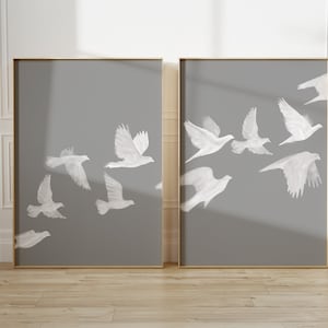 Conjunto de dos bandadas de pájaros, arte de pared imprimible moderno, decoración gris, pájaros voladores, impresión artística de la naturaleza, póster de decoración minimalista