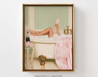 Clawfoot Bathtub Printable Wall Art | Pink  Decor | Glam Woman Champagne Bathroom Print (Digital Download)