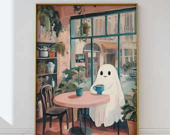 Cute Ghost Coffee Shop Art Print, Halloween Decor (Digital Download)