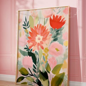Helle Blume botanische Druck, Frühling druckbare Wandkunst, Abstrakt in Blüte, moderne rosa und grüne Drucke, bunte Blume Poster