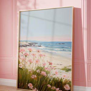 Champ de fleurs sauvages roses, art du paysage côtier, art mural imprimable, art de style maison de plage, impression de plage, impression de plage d'été, téléchargement numérique