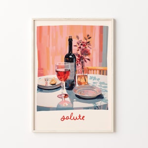 May include: A painting of a still life with a bottle of red wine, a glass of red wine, a plate with a small pastry, and a vase with flowers on a table with a white tablecloth. The background is a pink wall with a window. The text "salute" is written in red below the table.