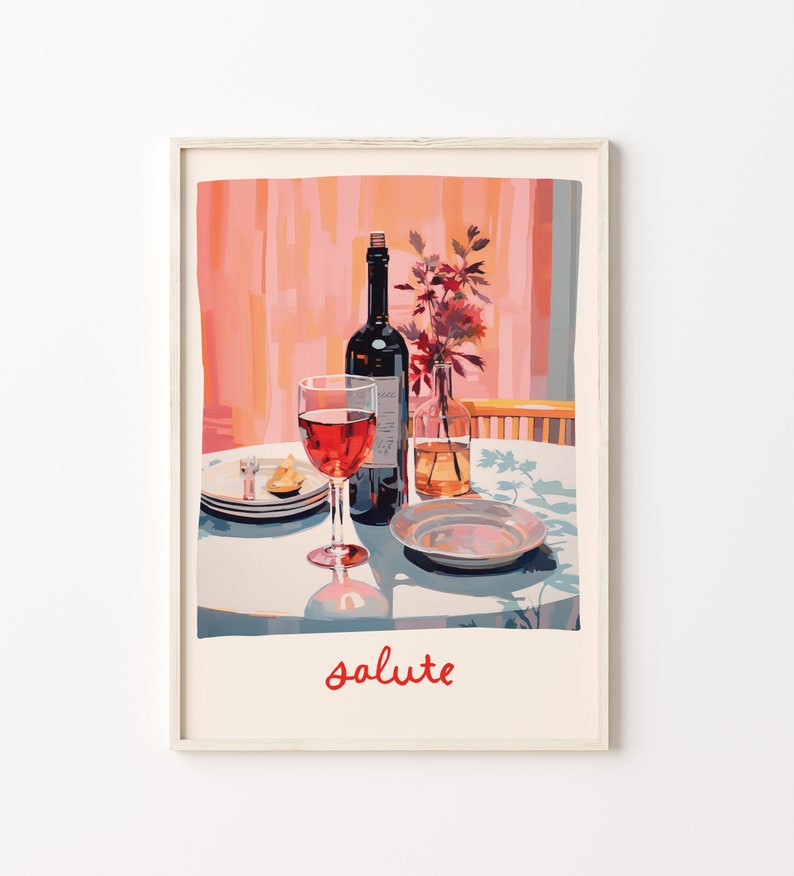 May include: A painting of a still life with a bottle of red wine, a glass of red wine, a plate with a small pastry, and a vase with flowers on a table with a white tablecloth. The background is a pink wall with a window. The text "salute" is written in red below the table.