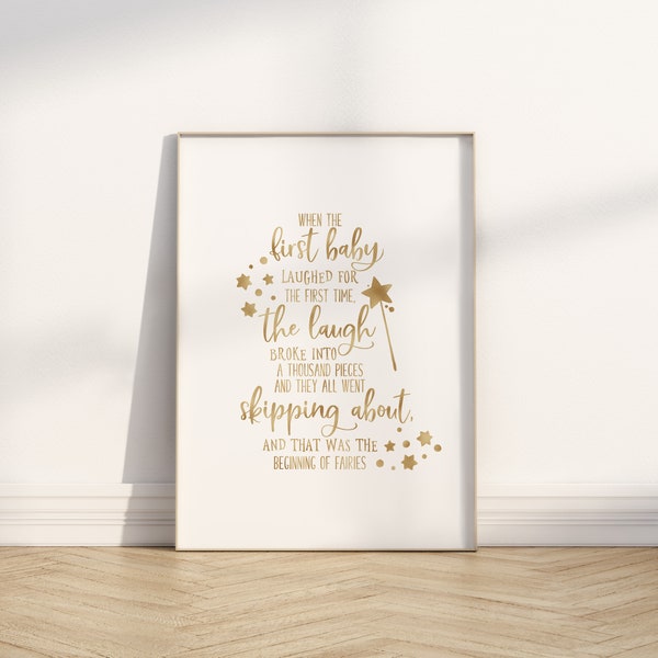 Peter Pan Nursery Quote Print, Gold Printable Wall Art, Baby Boy Playroom Decor, JM Barrie, first baby laughed for the first time