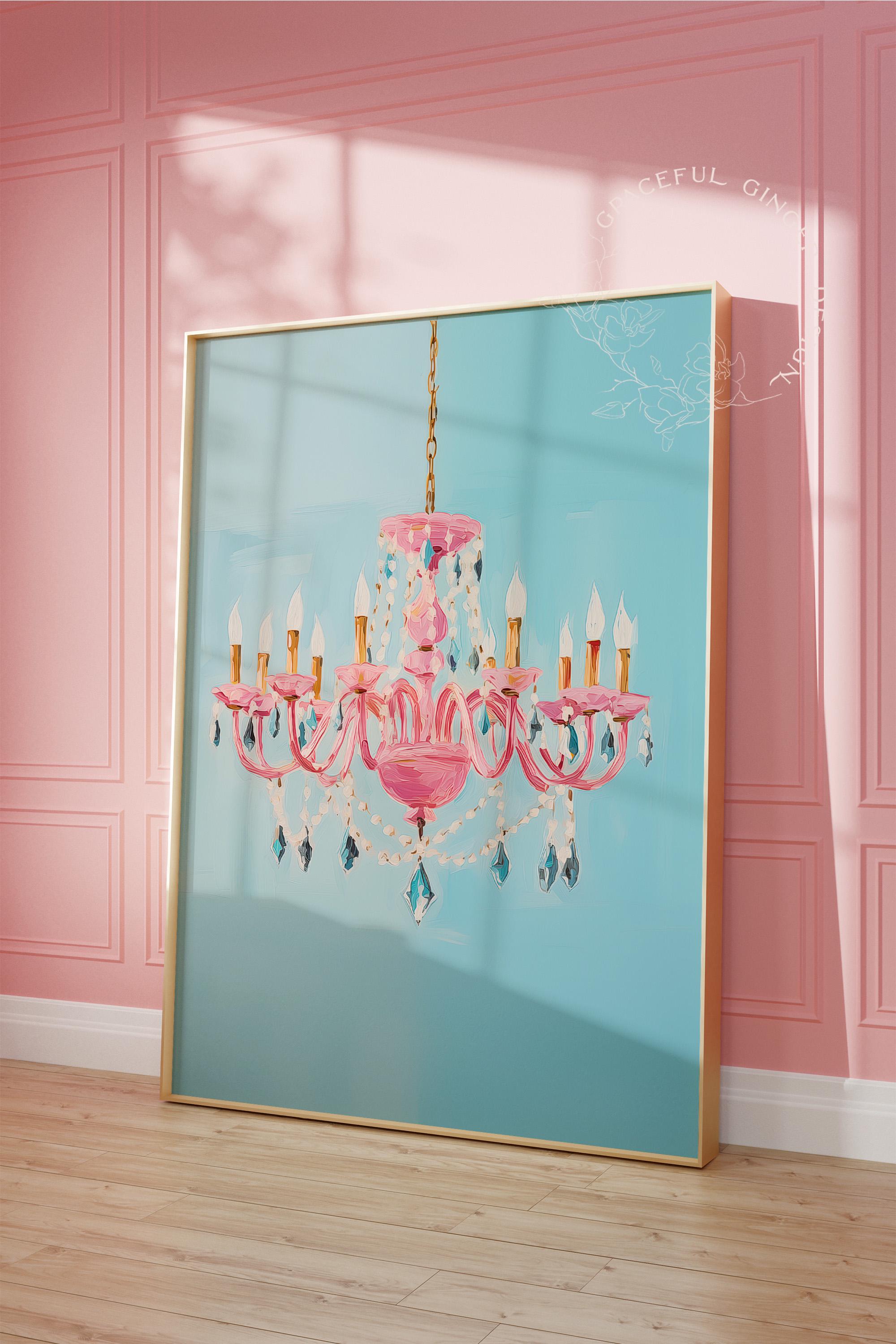 Pink Chandelier Printable Wall Art: Teal Preppy Maximalist Decor (Digital Download)