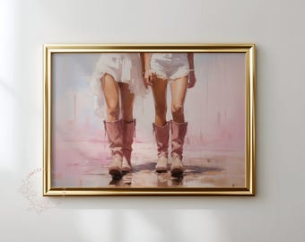 Väggkonst med cowgirlstövlar: Rosa kuststrandtryck (digital nedladdning)
