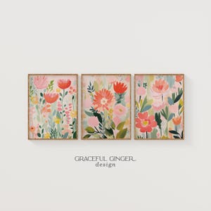 Floral Wall Art Set of 3 | Colorful Abstract Spring Flower Prints (Digital Download)