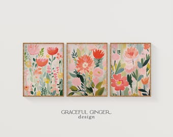 Floral Wall Art Set of 3 | Colorful Abstract Spring Flower Prints (Digital Download)