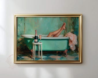 May include: A framed painting depicts a teal clawfoot bathtub with a person's legs raised. A bottle of champagne and a glass sit on a small stool. A pink cloth hangs over the tub's edge. The artwork has a vintage, relaxed theme.