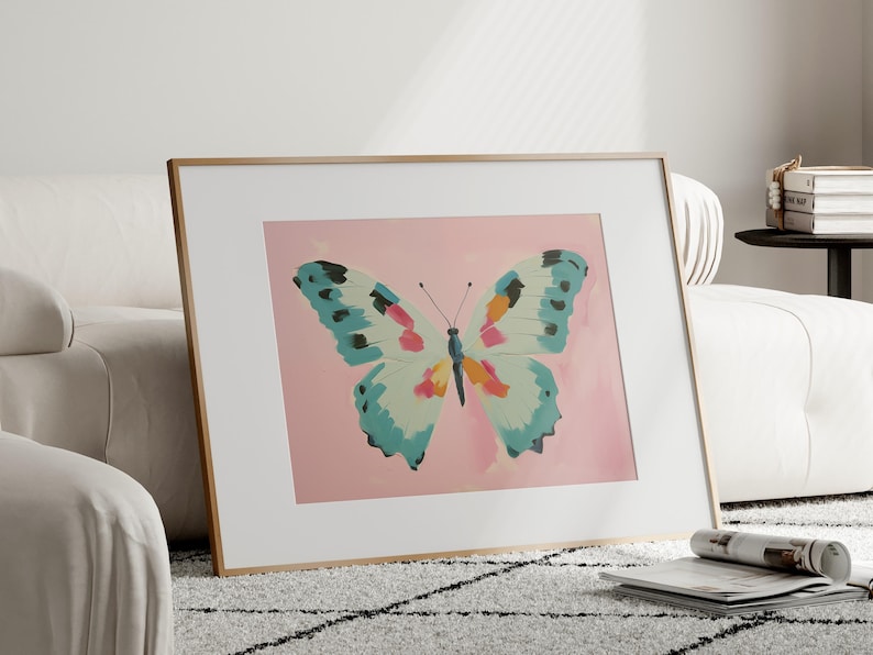 Colorful Butterfly Printable Wall Art, Pastel Pink Teal Girl's Room
