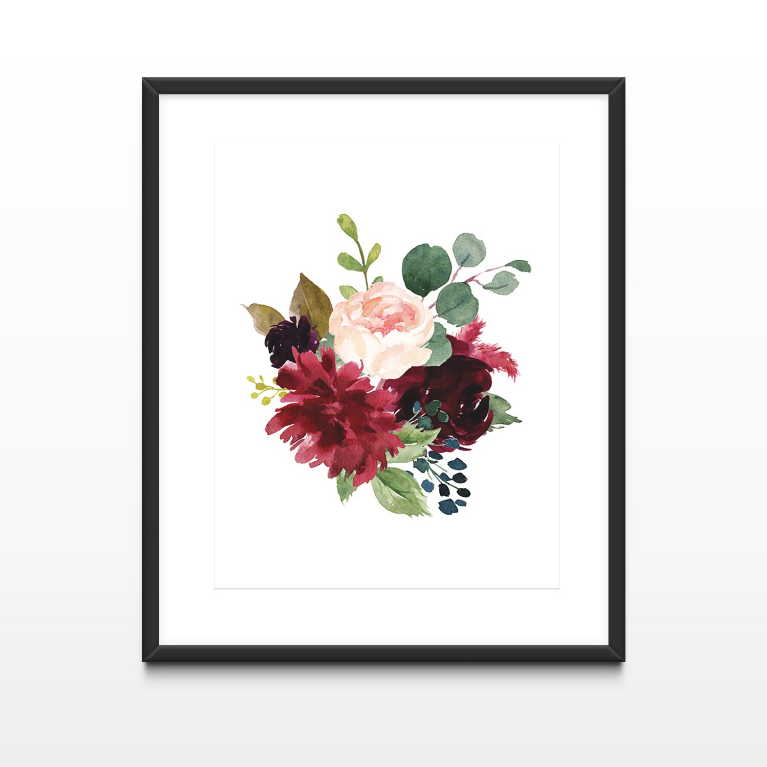 Navy Flowers Bouquets Print Set of 3 Watercolor Flowers Wall | Etsy