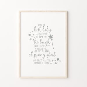 Peter Pan Nursery Quote Print, Gray Watercolor Printable Wall Art, Baby Boy Playroom Decor, JM Barrie, first baby laughed for the first time