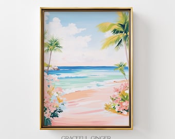 Tropical Pink Beach Art: Coastal Palm Tree Landscape Print (Digital Download)