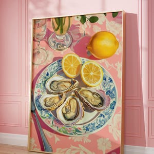 Ostriche stampabili, stampa moderna per cucina costiera, decorazione murale alla moda con dopamina e estetica rosa, download digitale di opere d&#39;arte con ostriche