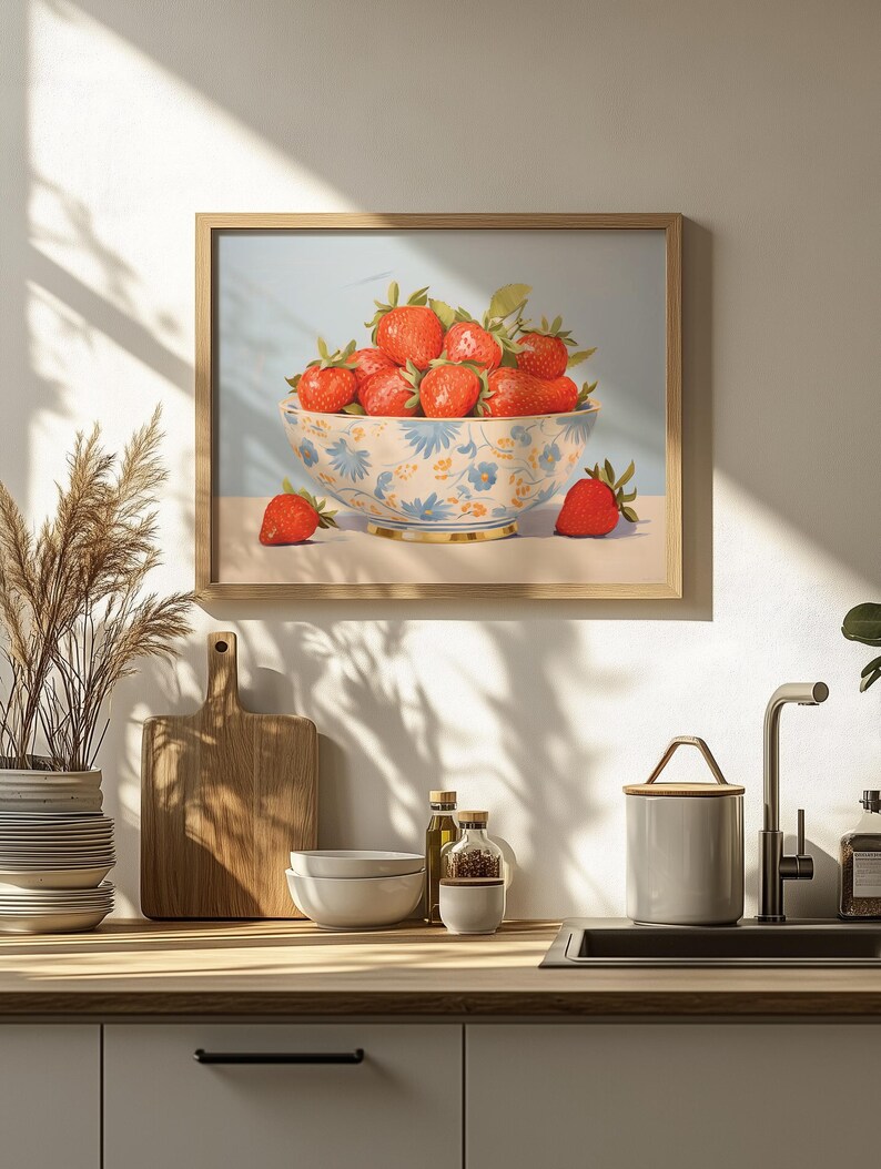 A framed painting of a bowl filled with strawberries, featuring a delicate floral pattern on the bowl. The artwork hangs on a kitchen wall, with soft natural light highlighting the vibrant reds of the strawberries against the pale blue background.