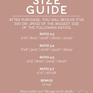 May include: A size guide for digital downloads of printable art. The guide lists five different aspect ratios with corresponding sizes in inches, including a bonus size. The text reads "After purchase, you will receive five 300 DPI jpegs of the biggest size of the following ratios: Ratio 2:3, 4"x6" | 8x12" | 12x18" | 16x24" | 20x30", Ratio 3:4, 6"x8" | 9x12" | 12x16" | 15x20" | 18x24", Ratio 4:5, 4"x5" | 8x10" | 12x15" | 16x20", Ratio 5:7, 5"x7" | 20"x28", Bonus: 11"x14". The text also reads "Need another size? Message me for details."