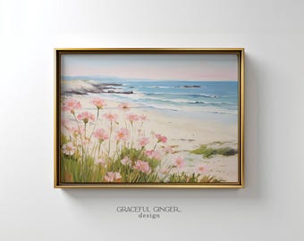 Pink Wildflower Field Art Print: Coastal Beach House Wall Decor (Digital Download)