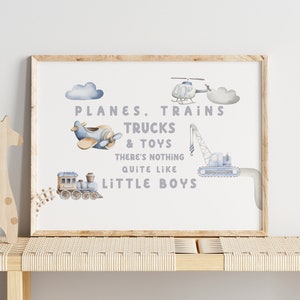 Blue Baby Boy Nursery Print, Horizontal Printable Wall Art, Nursery Quote, Above the Crib Decor, Planes Trains Trucks and Toys Print