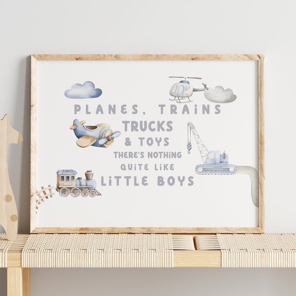 Blue Baby Boy Nursery Print, Horizontal Printable Wall Art, Nursery Quote, Above the Crib Decor, Planes Trains Trucks and Toys Print