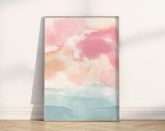 Pink Abstract Sunset Print, Printable Wall Art, Abstract Landscape, Instant Digital Download, Large Wall Art, Pink Peach Teal Modern Print