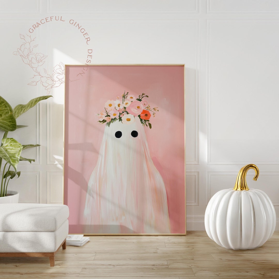 Cute Ghost With a Flower Crown Printable Wall Art, Pink Ghost Art Print ...