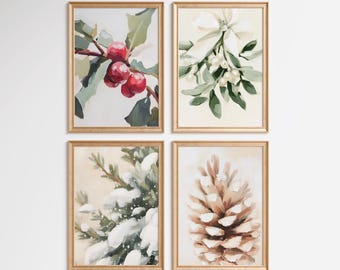 Winter Botanical Wall Art Set of 4: Christmas Decor | Pinecone, Mistletoe, Holly & Evergreen Prints (Digital Download)