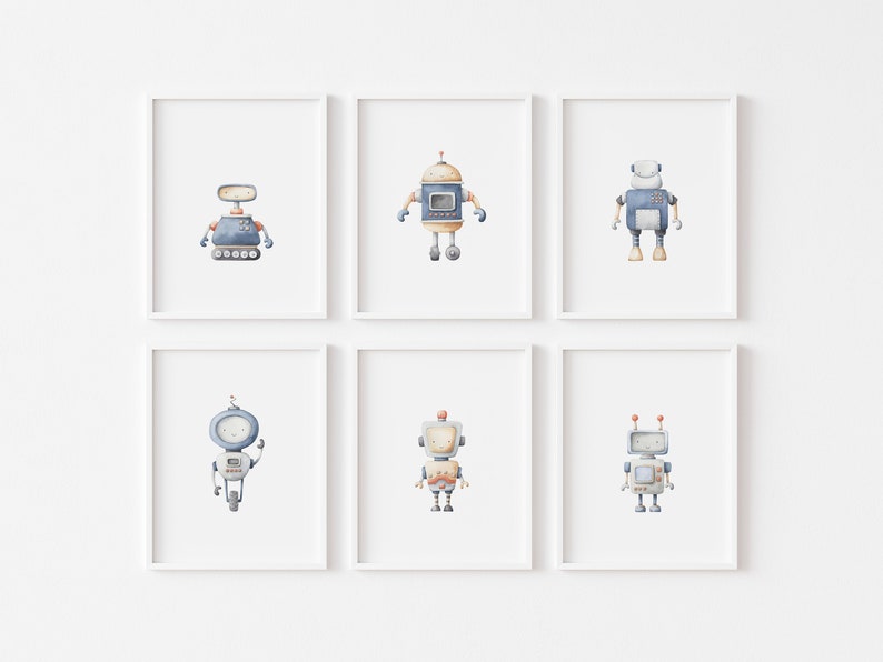 Set of six blue and gray robot prints for baby boy nursery