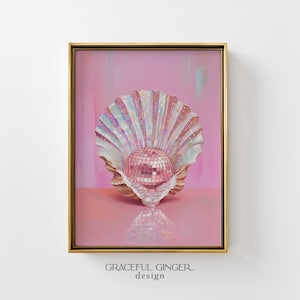 Discokula Snäckskalstavla: Trendig rosa kustväggkonst (digital nedladdning)
