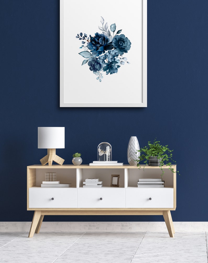 Navy Blue Flower Print Printable Wall Art Floral Bouquet - Etsy