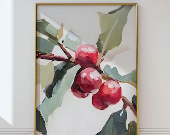 Vintage Holly Christmas Art Print: Rustic Red & Green Winter Berry Wall Decor (Digital Download)