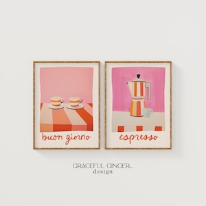 Espresso Poster Set: Rosa Italienische Küchenkunst Wandkunst (Digitaler Download)