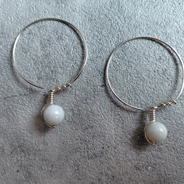 Hoop Earrings - Silve Filled 18GA Wire - Ainu Earrings - Ninkari - White Jadeite - 3.9cm