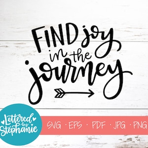 Op de afbeelding: Zwarte en witte kalligrafietekst op een witte houten achtergrond. De tekst luidt "Find joy in the journey" met een pijl die naar rechts wijst. De tekst is in een handschrift.