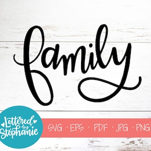 May include: Black and white calligraphy style font spelling out the word "family". The word is in a cursive font and is centered on a white wood background.