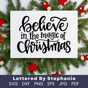 May include: A white sign with black text that reads "believe in the magic of Christmas" surrounded by green pine branches and red ornaments.