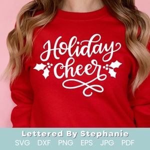 Plik do cięcia Holiday Cheer svg, plik do cięcia Christmas, liście ostrokrzewu, wesoły świąteczny svg, tag Christmas svg, cricut lub sylwetka
