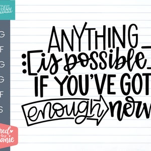 Op de afbeelding: Zwart-wit typografisch ontwerp met de tekst "Anything [is possible]: If you've got enough nerve".