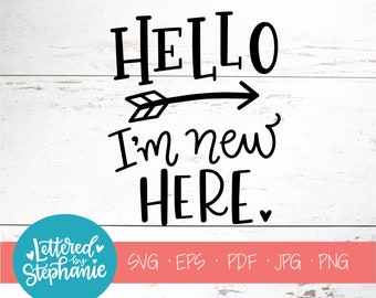 Hello I'm new here, SVG Cut File, digital file, svg, baby svg, onesie svg, kids shirt, quote svg, for silhouette, cricut, handlettered svg
